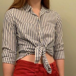 Blue and white striped button up blouse